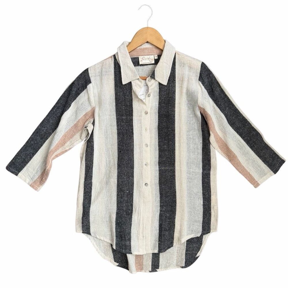 Paper Lace Medium Blouse NWT Collared Striped Linen Button Down